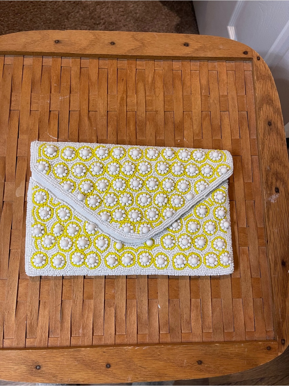 La Regale White and Yellow Beaded Envelope Clutch